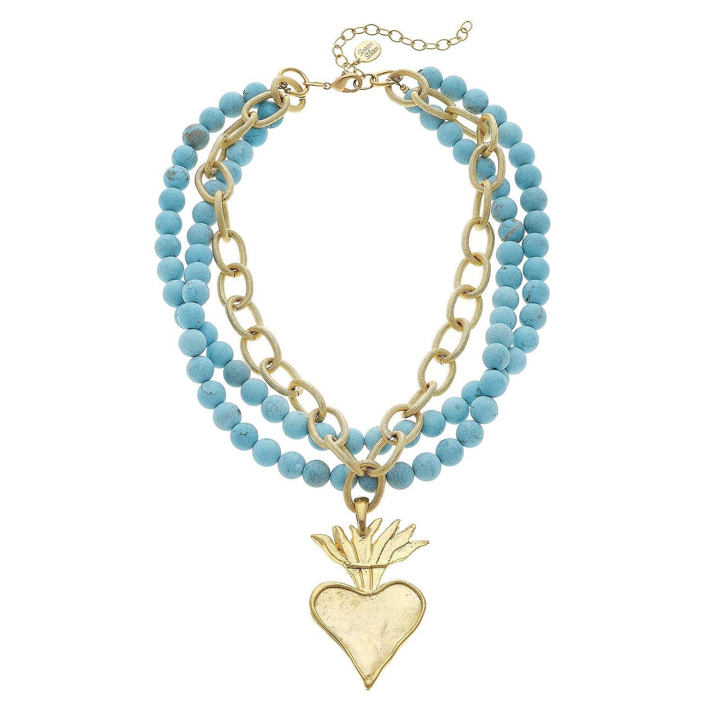 Gold Flaming Heart on 3 Row Genuine Matte Turquoise Necklace
